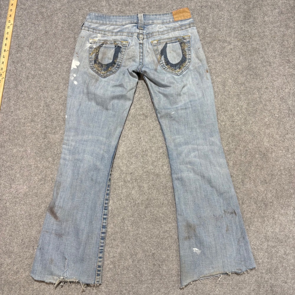 True Religion Joey Flare Jeans 29 Light Wash Distressed Paint Splatter Y2K USA